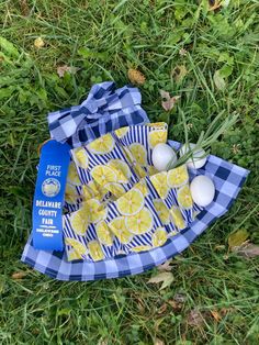 an egg laying on top of a blue and white checkered cloth next to eggs