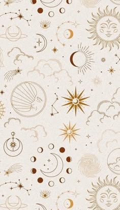 the sun, moon and stars are drawn in gold on white paper