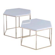 two white tables with metal bases on each side, one is square and the other is hexagonal