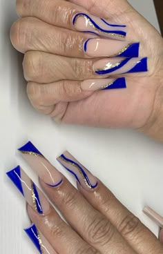 Blue Design Nails Acrylic, Silver And Blue Acrylic Nails, Royal Blue White And Gold Nails, Gold And Blue Nails Acrylic, Blue White Gold Nails, Royal Blue And Rose Gold Nails, Blue White And Gold Nails, Grad Nails Blue, Royal Blue Nails Designs Coffin