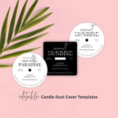 three round labels with palm leaves on them and the words, candle dust cover templates