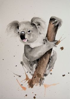 a watercolor painting of a koala on a tree branch