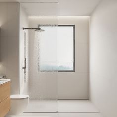 a bathroom with a shower, toilet and sink in it's center wall is shown