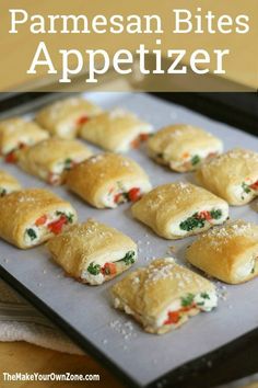 homemade parmesan bites appetizer on a baking sheet with text overlay