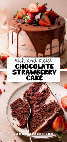 chocolate strawberry cake on a white plate with the words rich and moist chocolate strawberry cake