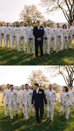 two pictures of men in white suits and ties standing on grass with trees behind them