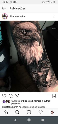 an eagle tattoo on someones arm with the caption's name underneath it