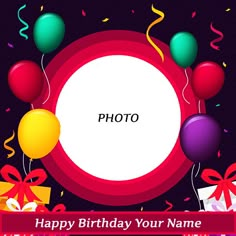 a birthday card with balloons, confetti and streamers in the shape of a circle