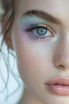 Enchanted Makeup Looks, Iridescent Makeup Looks, Iridescent Eye Makeup, Fairy Core Makeup, Fairytale Makeup, Fairy Eye Makeup, Mermaid Eye Makeup, Self Love Art, Pastel Eyeshadow