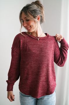 This effortlessly stylish burgundy top is the perfect combination of comfort and chic. The ribbed texture adds a touch of sophistication, while the relaxed fit ensures all-day comfort. Featuring long sleeves and a soft knit material, this top is versatile enough to dress up or down, making it an essential piece for your wardrobe. Whether you're running errands or meeting friends for coffee, the Simply Essential Ribbed Long Sleeve Top will keep you looking stylish and feeling cozy. Fabric: 87% Po Ribbed Long Sleeve Top, Loungewear Dresses, Burgundy Top, Meeting Friends, Cozy Fabric, Ribbed Texture, Short Leggings, Skirt Leggings, Boyfriend Fit