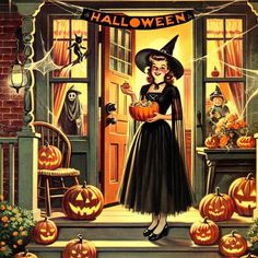 a painting of a woman holding a pumpkin in front of a door with halloween decorations