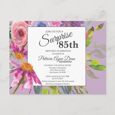 an image of a birthday party card with flowers on the front and bottom, in purple