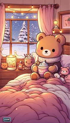 a brown teddy bear sitting on top of a bed in front of a christmas tree