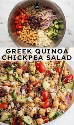 greek quinoa chickpea salad in a bowl with the title above it