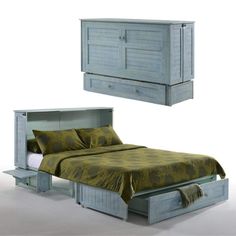 a bed sitting next to a night stand with drawers on each side and a dresser above it