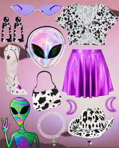 an assortment of costume and accessories on a pink background, including a purple skirt, white top, black sunglasses, leopard print purse, silver bracelets