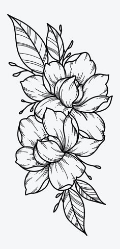 a black and white drawing of flowers with leaves on it's petals are shown