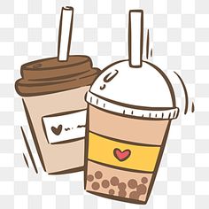 two coffee cups with straws and hearts on them, one is brown and the other is