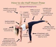 a woman doing yoga poses with the words how to do half moon pose in front of her