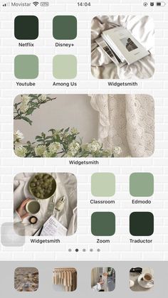 the color scheme for an interior design project is shown in shades of green, white and grey