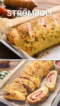 two pictures with different types of breads and meats on them, one in the process of being sliced