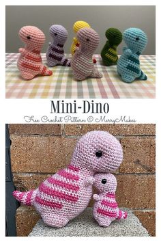 three different knitted stuffed animals sitting on top of a wooden table with text overlay that says mini - dino free crochet pattern