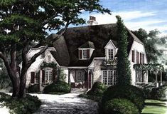 this is an artist's rendering of a house in the country side with red shutters