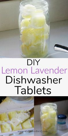 lemon lavender dishwasher tablets in a mason jar with text overlay that reads diy lemon lavender dishwasher tablets