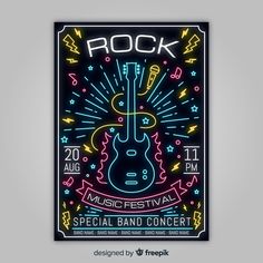 a concert poster with an electric guitar in the center and neon lights around it on a gray background