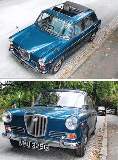 an old and new car parked on the side of the road next to each other