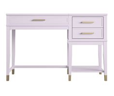 a white desk with two drawers and gold handles on the top, against a white background