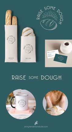 some logos and business cards on a blue background with white lettering that says raise some dough