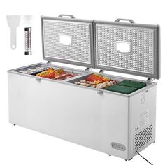 an image of two coolers with food in them on the white background, one is open and the other is closed