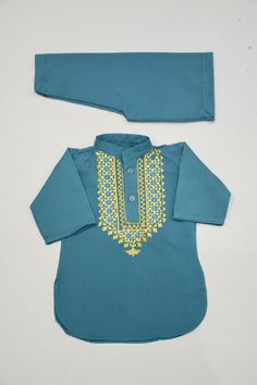 Description Colour: Teal Fabric: 100% Cotton Dress Front: Embroidery  This is a handmade outfit for infant, toddler and kid boys. It includes a top and bottom with machine embroidery front. It would be an ideal outfit for occasions such as birthdays, Eid and Weddings or a perfect gift. Available in sizes:  *3-6 months *6-9 months *12-18 months (1-1.5 years old) *18-24 months (1.5-2 years old) Top / Kurta  *Breathable and easy-to-wash cotton fabric *Easy open and close clasp-buttons *No-itch coll Cotton Unstitched Suit With Dabka For Eid, Festive Cotton Unstitched Suit With Dabka Work, Green Cotton Kurta With Embroidered Border, Green Cotton Sets With Zari Work, Green Traditional Wear For Eid With Handwork, Cotton Straight Kurta With Embroidered Border, Fitted Cotton Salwar Kameez With Dabka, Semi-stitched Cotton Churidar With Dabka, Unstitched Sets With Embroidered Border For Navratri