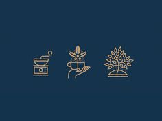 three different types of coffee and tea on a dark blue background with gold trimmings