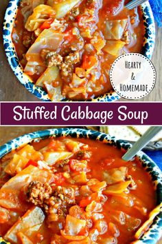 two bowls filled with stuffed cabbage soup on top of a wooden table