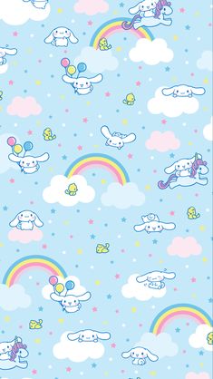 a blue wallpaper with clouds, rainbows and animals on it's sides