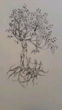 a drawing of a tree with two people sitting on it's branches and birds flying around