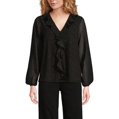 In a flowy fabric that will drape beautifully on your body, this blouse also features beautiful details that will elevate any look – a ruffled V-neckline and pleated front panel. Wear it with chinos or a skirt for a dressier look, or dress it down with your favorite jeans. Black Terrazzo, Tie Waist Shirt, Popover Shirt, Puff Long Sleeves, Pleated Blouse, Chiffon Ruffle, Hem Style, Sheer Sleeves, Shop Blouses