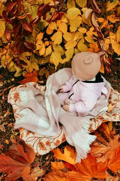 a baby wrapped in a blanket laying on top of autumn leaves and wearing a hat