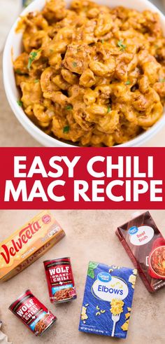 A bowl of cheesy chili mac with a package of Velveeta, canned chili, elbow macaroni, and beef broth. Study Meals, Chili Mac Casserole, Chili Mac Recipe Easy, Wolf Brand Chili, Easy Chili Mac, Chili Mac Recipe