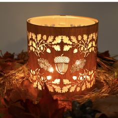 a lit candle is sitting on top of some autumn leaves and pine cones with lights in the middle