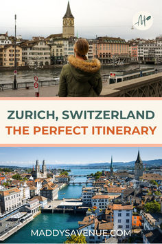 a woman standing on top of a bridge looking at the water and buildings in switzerland