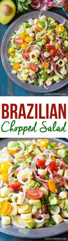 two plates with different types of salads on them and the words brazilian chopped salad