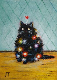 a painting of a black cat with christmas lights on it's fur sitting in front of a wall