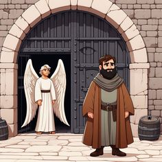 two men standing in front of an open door with angel wings on their heads and one man wearing a cape