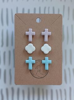 This stud pack features pastel cross earrings, along with a pair of white clover studs. These were all handcrafted with polymer clay. They are lightweight, hypoallergenic, & nickel-free. 🤍 Cross Clay Earrings, White Clover, Brown Clay, Earrings Clay, Cross Earrings, Clay Jewelry, Clay Earrings, Jewelry Earrings Dangle, Dangle Drop Earrings