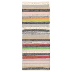 a multicolored striped rug is shown on a white background and it's long, narrow length