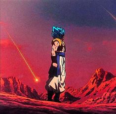 two anime characters standing in front of mountains