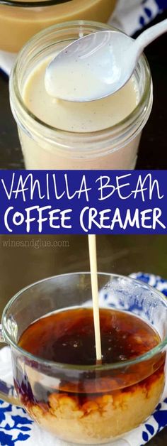 vanilla bean coffee creamer is being poured into a glass bowl with liquid in it